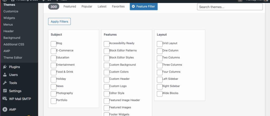 filter fitur yang diinginkan dari wp themes