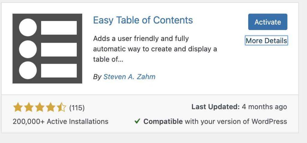 plugin Easy Table of Contents