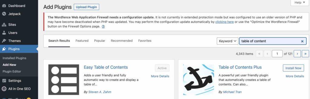 plugin Easy Table of Contents