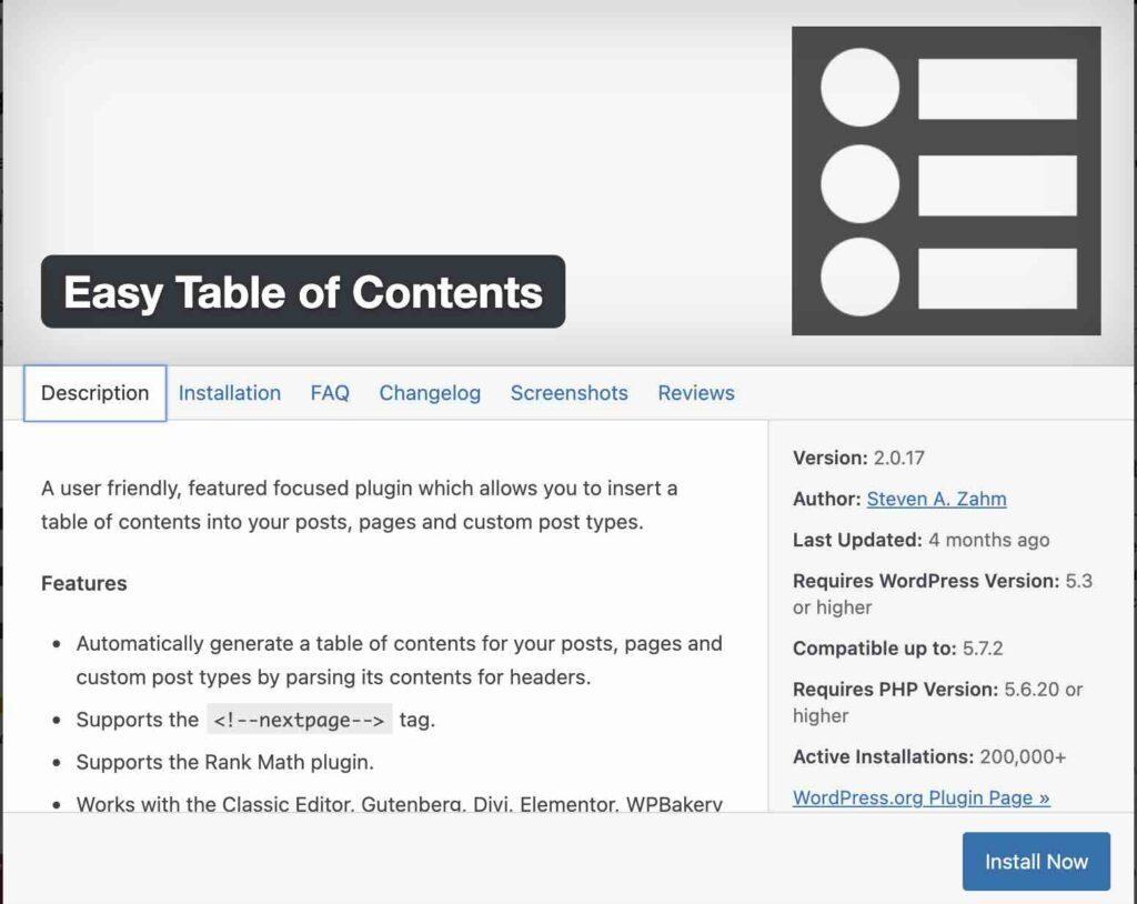plugin Easy Table of Contents