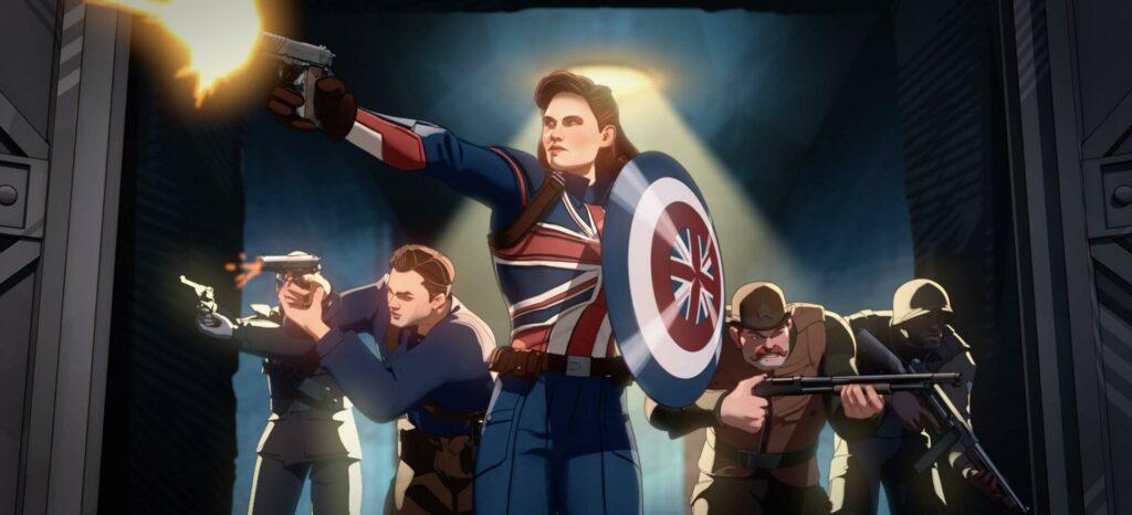 Captain Carter (center) and the Howling Commandos in Marvel Studios' WHAT IF…? exclusively on Disney+. ©Marvel Studios 2021. All Rights Reserved.
